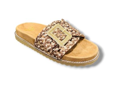 ekp ciabatta donna intrecciato con fibbia gioiello in pelle laminata bronzo e oro rosa 4202-fusby