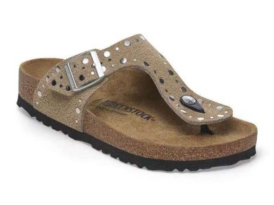 birkenstock sandalo infradito donna gizeh rivet border taupe con borchie piatte 1029388
