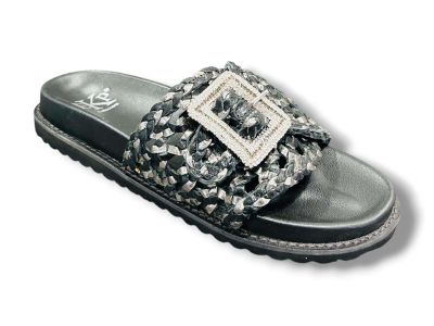ekp ciabatta donna intrecciato con fibbia gioiello in pelle laminata nero e peltro 4202-fusby