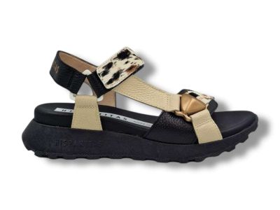 hispanitas sandalo donna chv264807 in pelle bolero nero e burro con ripprti in pony multicolor