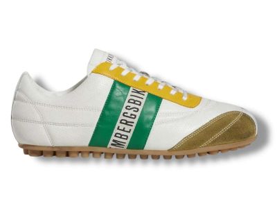 bikkembergs sneakers uomo 30510 b soccer effetto used pelle bianca con riporti giallo e verde 26130510B