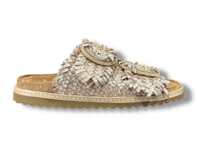 ekp sandalo ciabatta 2 fibbie donna 3446 welt intreccio pelle laminato platino