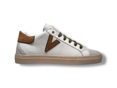 v2 brand sneaker uomo olympic v suola bassa in pelle martellata con inserto e retro bocolor cuoio e verde militare