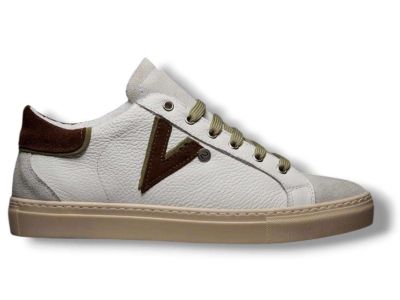 v2brand sneakers uomo olympic v a suola bassa in pelle martellata con inserto e retro bicolor moro e verde