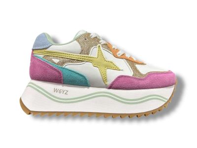 w6yz just say wizz sneakers donna deva-w in suede e tessuto tecnico con glitter fuchsia white green yellow 2017405471l43