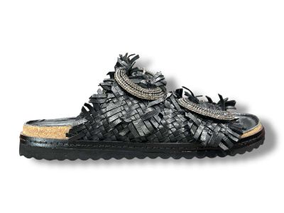 ekp sandalo ciabatta 2 fibbie donna 3446 welt intreccio pelle nero