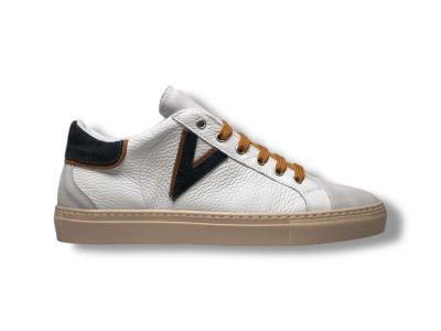 v2 brand sneaker uomo olympic v suola bassa in pelle martellata con inserto e retro bocolor blu e cuoio