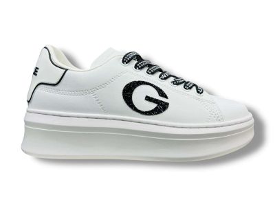 gaelle sneakers donna in action leather bianco con lacci logati e g in strass nero gacaw01604