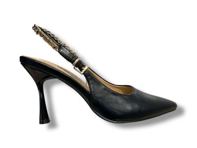 ferre scarpa tacco chanel donna nero con accessorio logo in metallo f962