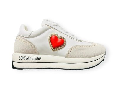 love moschino sneakers running bianco con applicazione cuore rosso ja15064g1iia310e