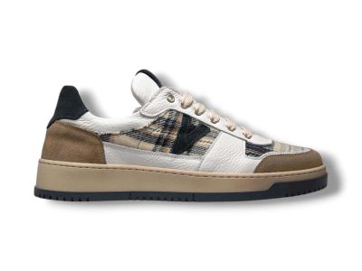 v2 brand sneaker uomo college bicolor ble e sabbia con inserti in tessuto v2 sucolbicbl1