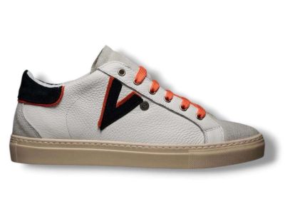 v2brand sneakers uomo olympic v a suola bassa in pelle martellata con inserto e retro bicolor blu e arancio