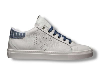 v2 brand sneakers uomo tennis a suola bassa bianca con retro in tessuto gessato blu subigoldgebl