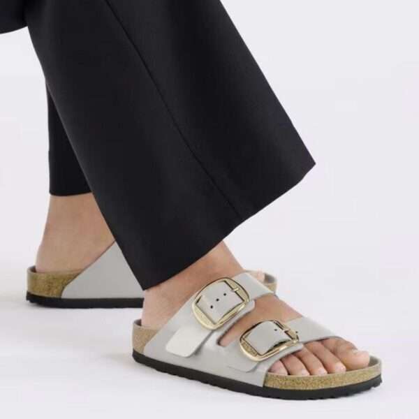 birkenstock sandalo donna arizona big buckle pelle naturale vernice high shine stone coin 1029391