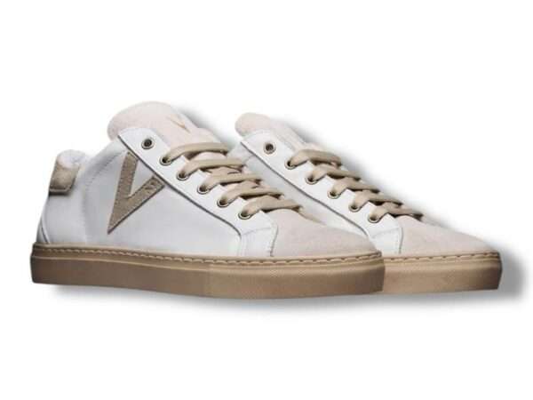 v2 brand sneaker uomo olympic pelle bianco con inserto scamosciato sabbia