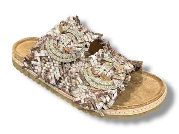 ekp sandalo ciabatta 2 fibbie donna 3446 welt intreccio pelle laminato multi bronzo