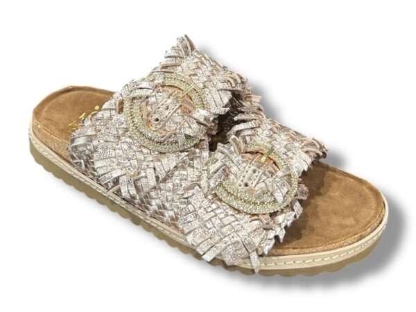 ekp sandalo ciabatta 2 fibbie donna 3446 welt intreccio pelle laminato platino