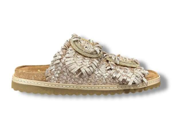 ekp sandalo ciabatta 2 fibbie donna 3446 welt intreccio pelle laminato platino