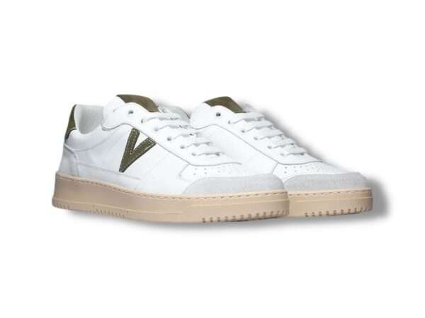 v2 brand sneaker uomo college bianca con retro e inserto scamosciato verde militare