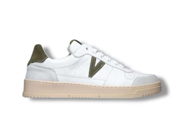 v2 brand sneaker uomo college bianca con retro e inserto scamosciato verde militare